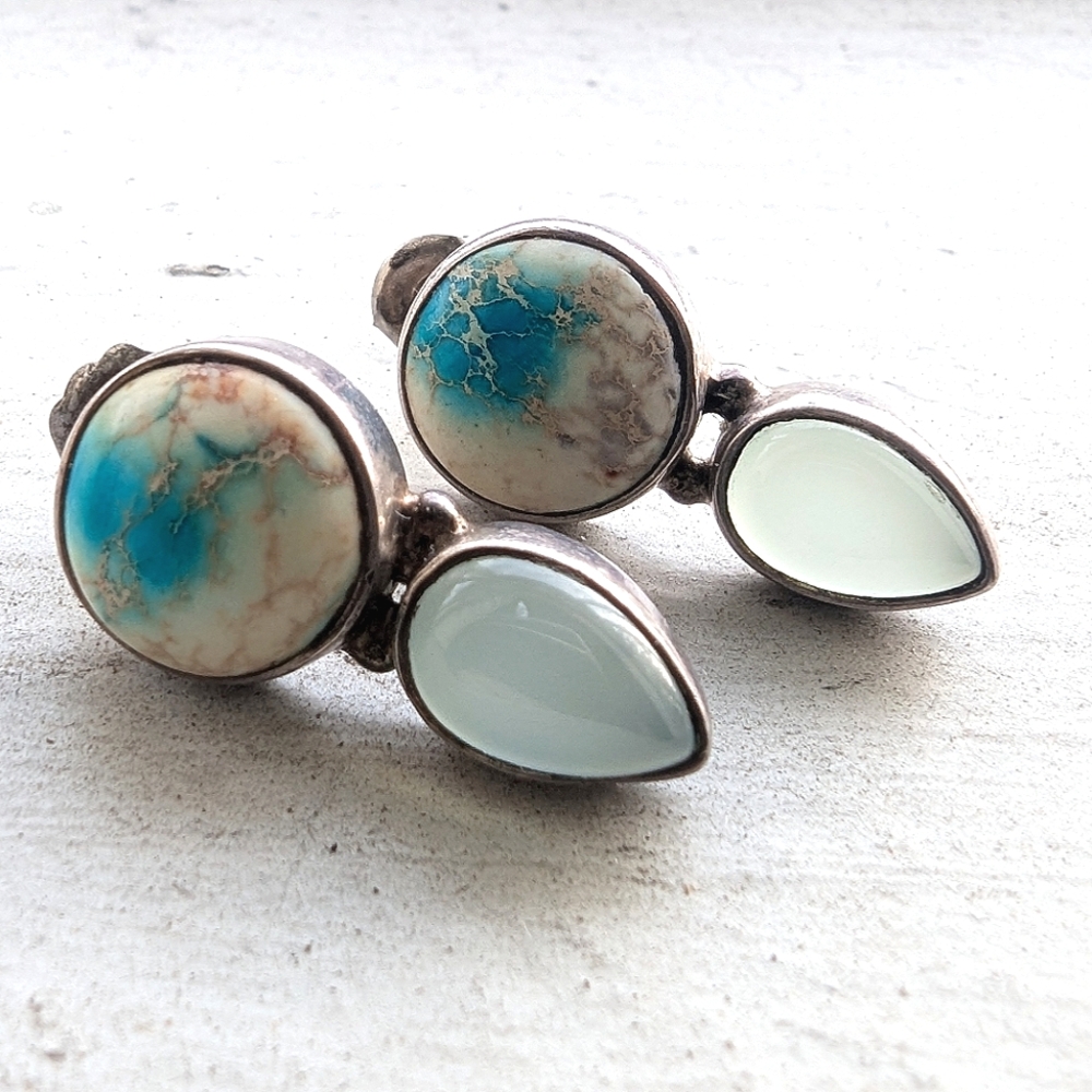 Taxco Turquoise Semiprecious Earrings 💎 Sterling Silver .925 VINTAGE Mexico